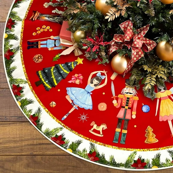 Holly Nutcracker Christmas Tree Skirt Holiday Decoration Xmas Winter Holiday Tree Mat Base Cover for Home Party Indoor Outdoor Decorations (Red 4, 36")