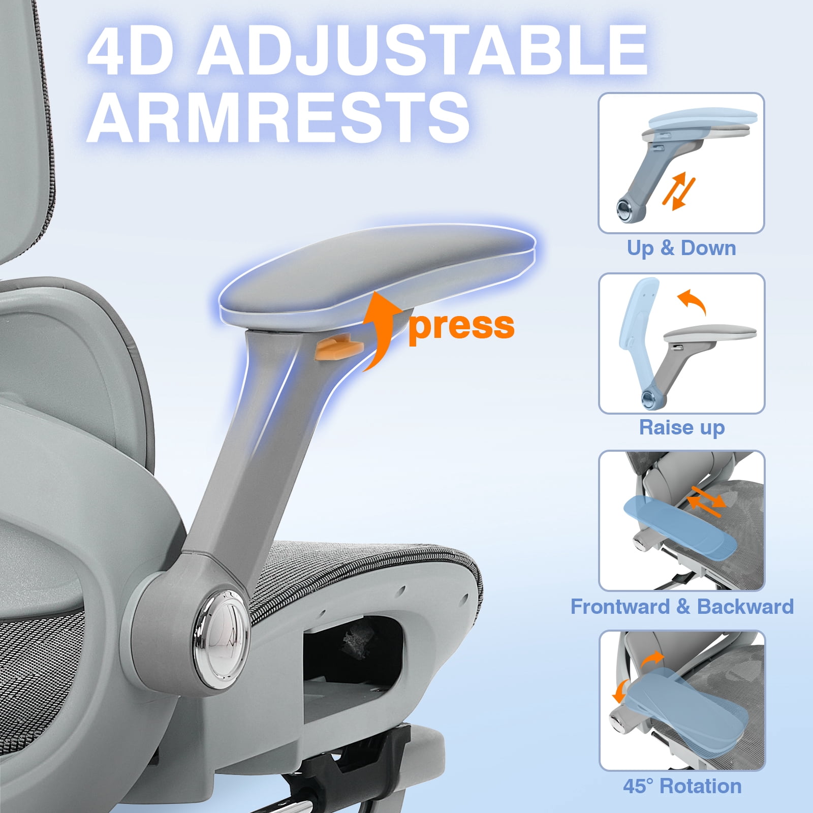 Czlolo High Back Ergonomic Mesh Office Chair with Footrest, 4D Armrests, Adjustable Lumbar Support, Gray