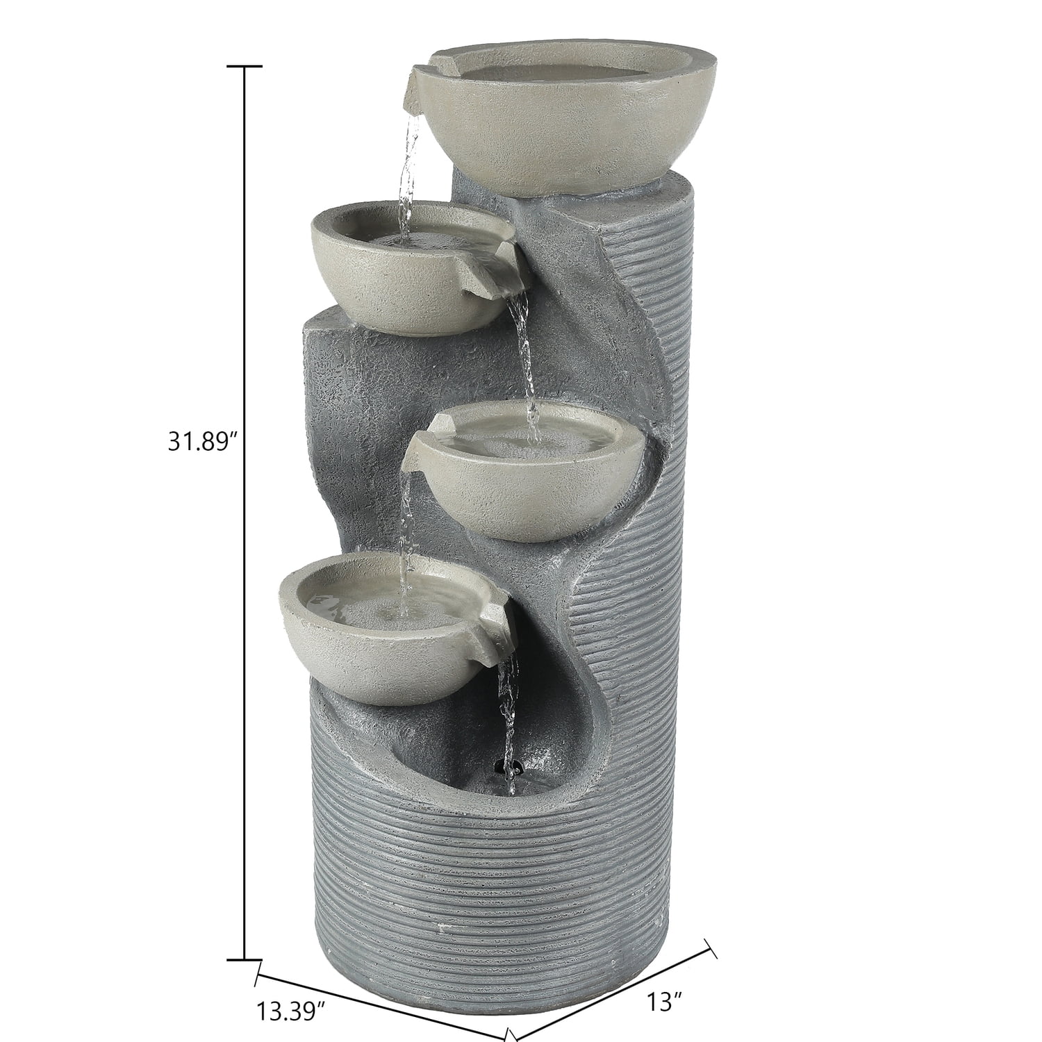 LuxenHome Modern Gray Resin Tiered Bowls Outdoor Fountain with Lights