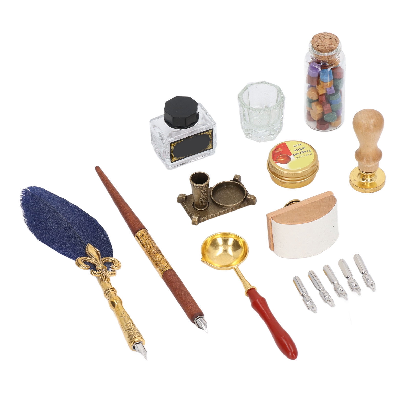 Rupoun Quill Pen and Ink Set Vintage Elegant Glossy Writing Feather Pen Wax Seal Stamp Set Dark Blue (11.81 inches / 30 cm)