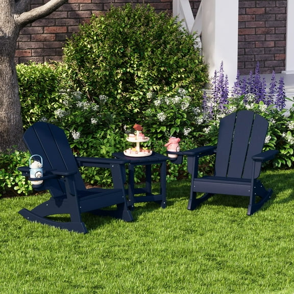 WestinTrends Malibu 3-Piece Kids Rocking Chair With Cup Holder and Square Side Table Set, Navy Blue