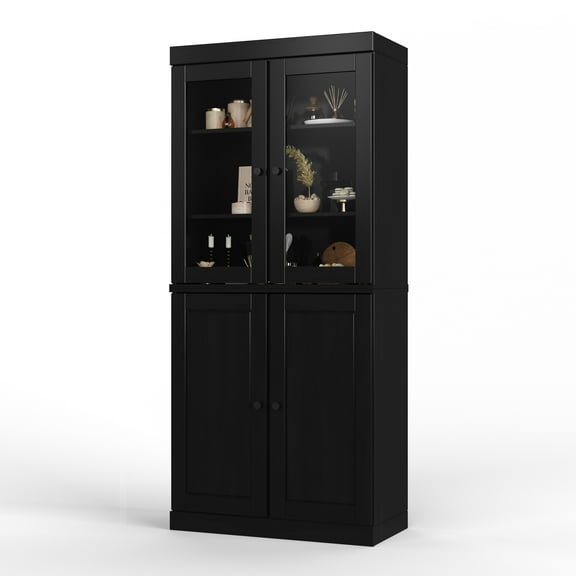 Palace Imports 100% Solid Wood Kitchen Pantry Storage Cabinet with Glass Doors, Adjustable Shelves and 2-Drawers, Black