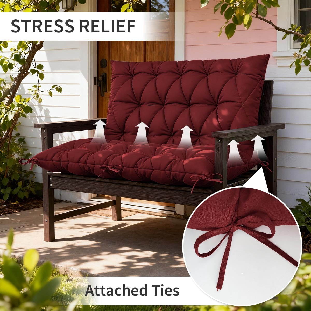 Pakunoda Porch Swing Cushions 40” X 40” X 5”, 2-3 Seater Bench Cushion with Backrest, Waterproof Replacement Outdoor Cushion with Tie, Burgundy