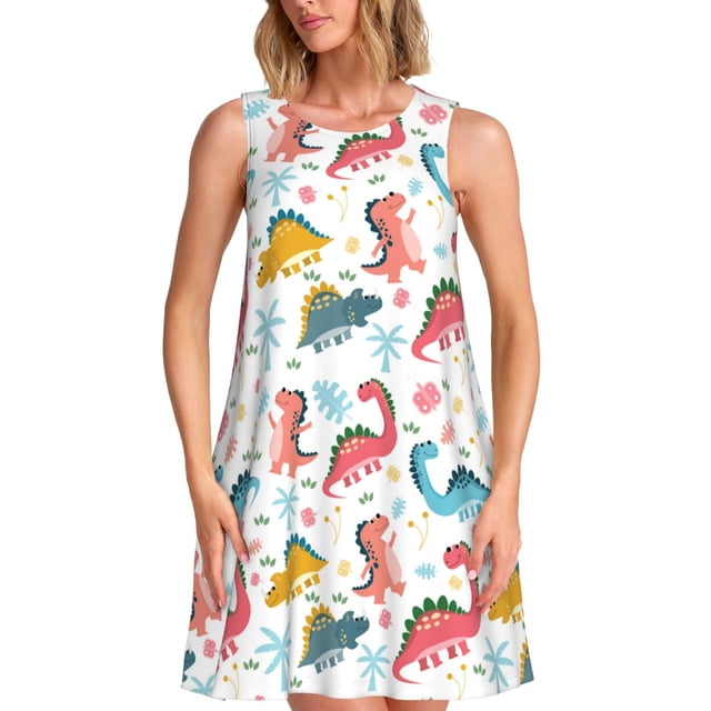 Balery Dinosaur Vestidos de verano para mujer con estampado: vestido holgado sin mangas, vestido playero informal y cómodo para días calurosos.