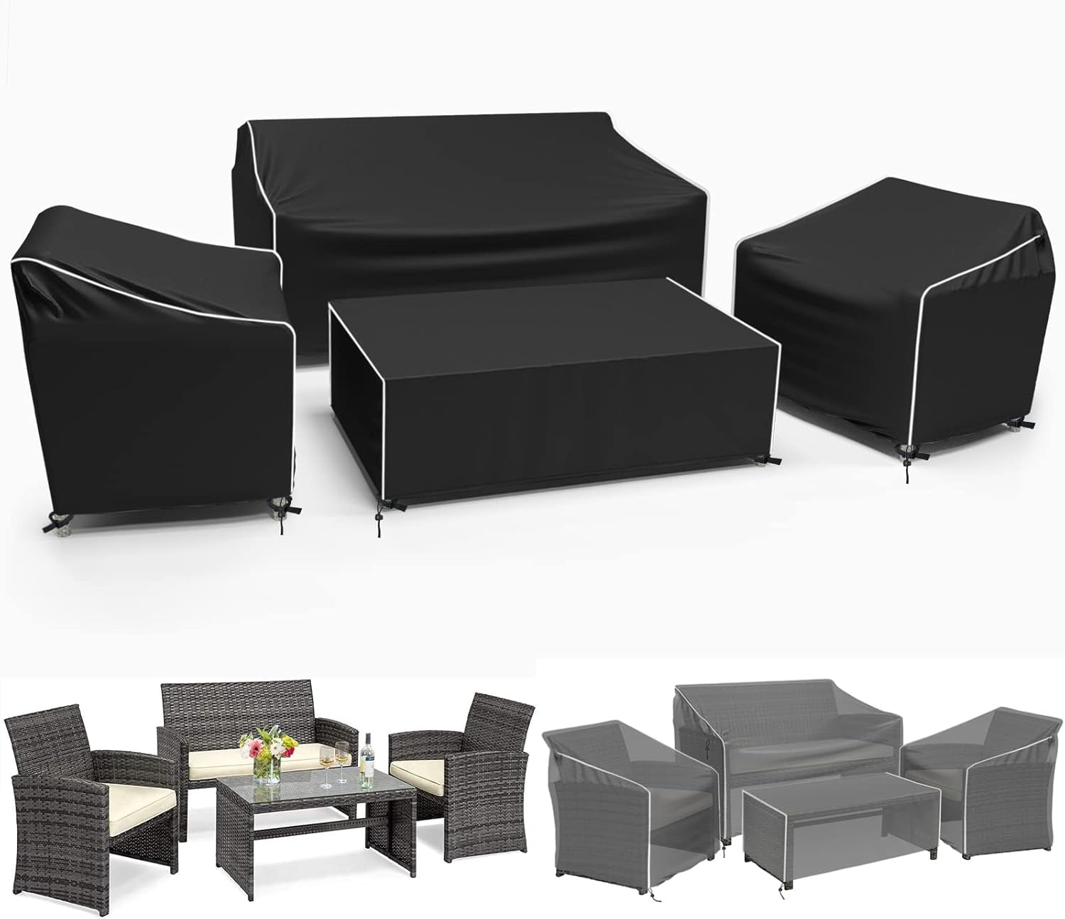 4 Piece Waterproof Outdoor Patio Furniture Covers Set Heavy Duty 600D Protection for Coffee Table Chair Loveseat Black