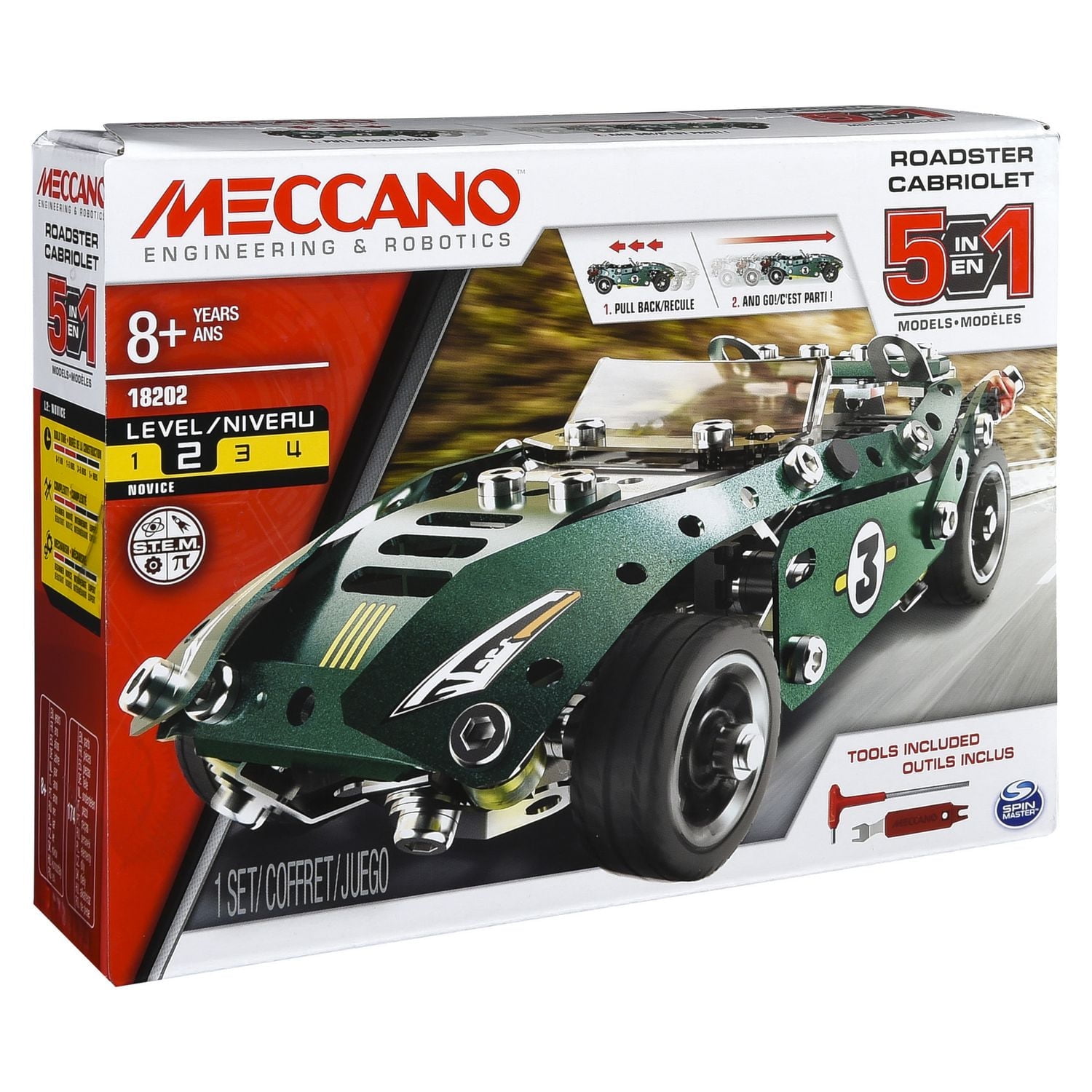 Meccano by Erector 5 in 1 Roadster Pull Back Car Building Kit, Stem Engineering Education Toy for Ages 8 And up