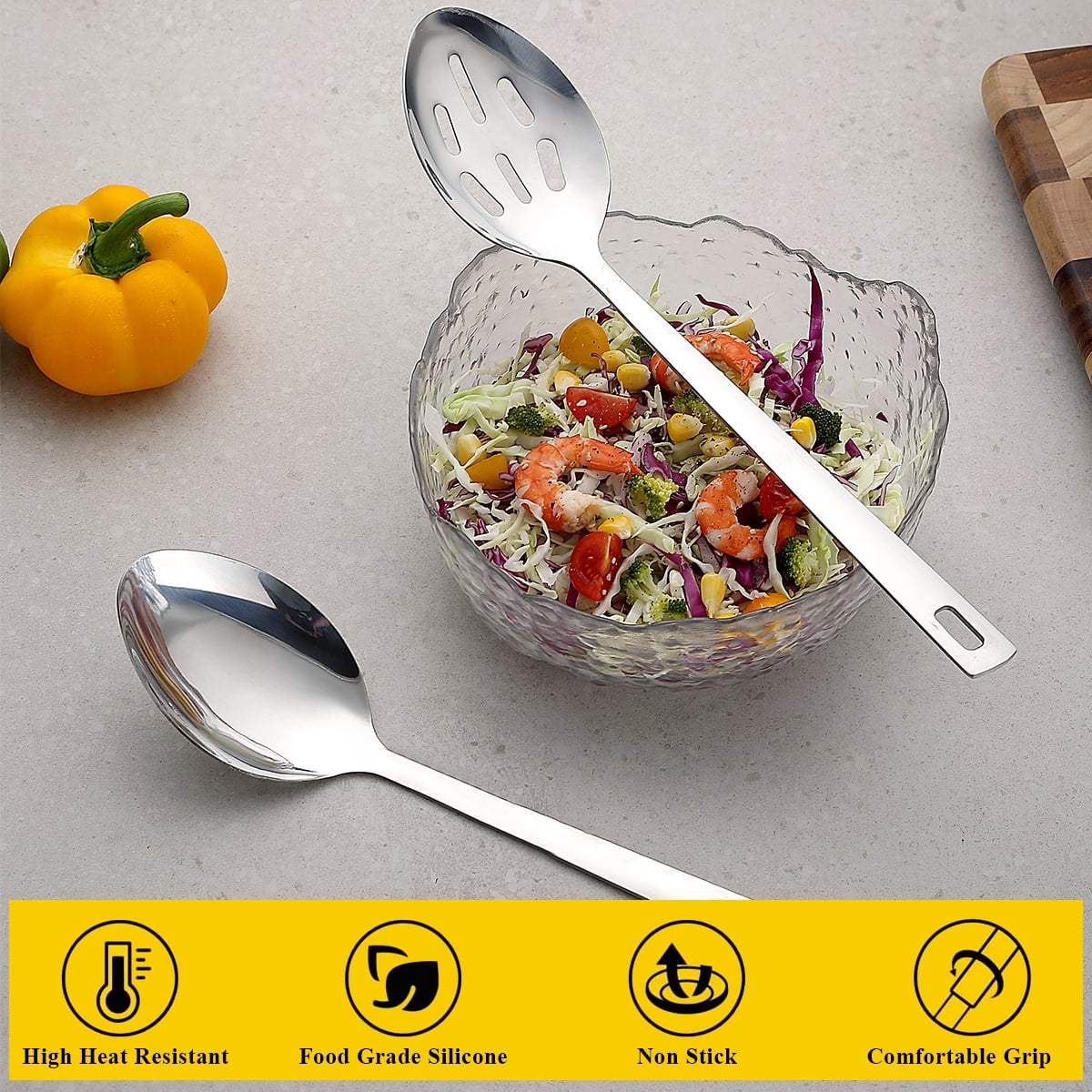 ReaNea Silver Cooking Spoon Set, Stainless Steel Kitchen Cooking Serving, Solid Spoon and Slotted Spoon Pack of 2