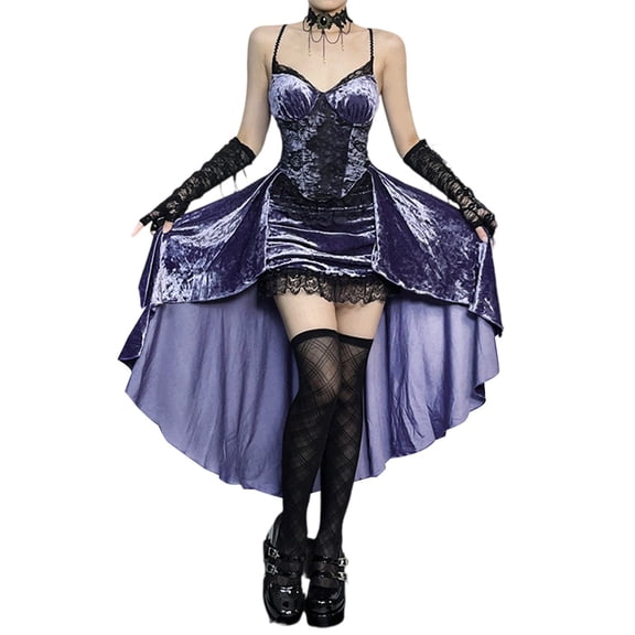 HNMKIU Halloween Clothes Elegant Gothic Off Shoulder Long Train Evening Dress For Halloween Formal Gown Purple,S