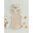 thumbnail image 5 of Infant Girls Romper Solid Color Knitted Ribbed Tie-Up Spaghetti Straps Sleeveless Ruffles Baby Bodysuits with Headband, 5 of 10