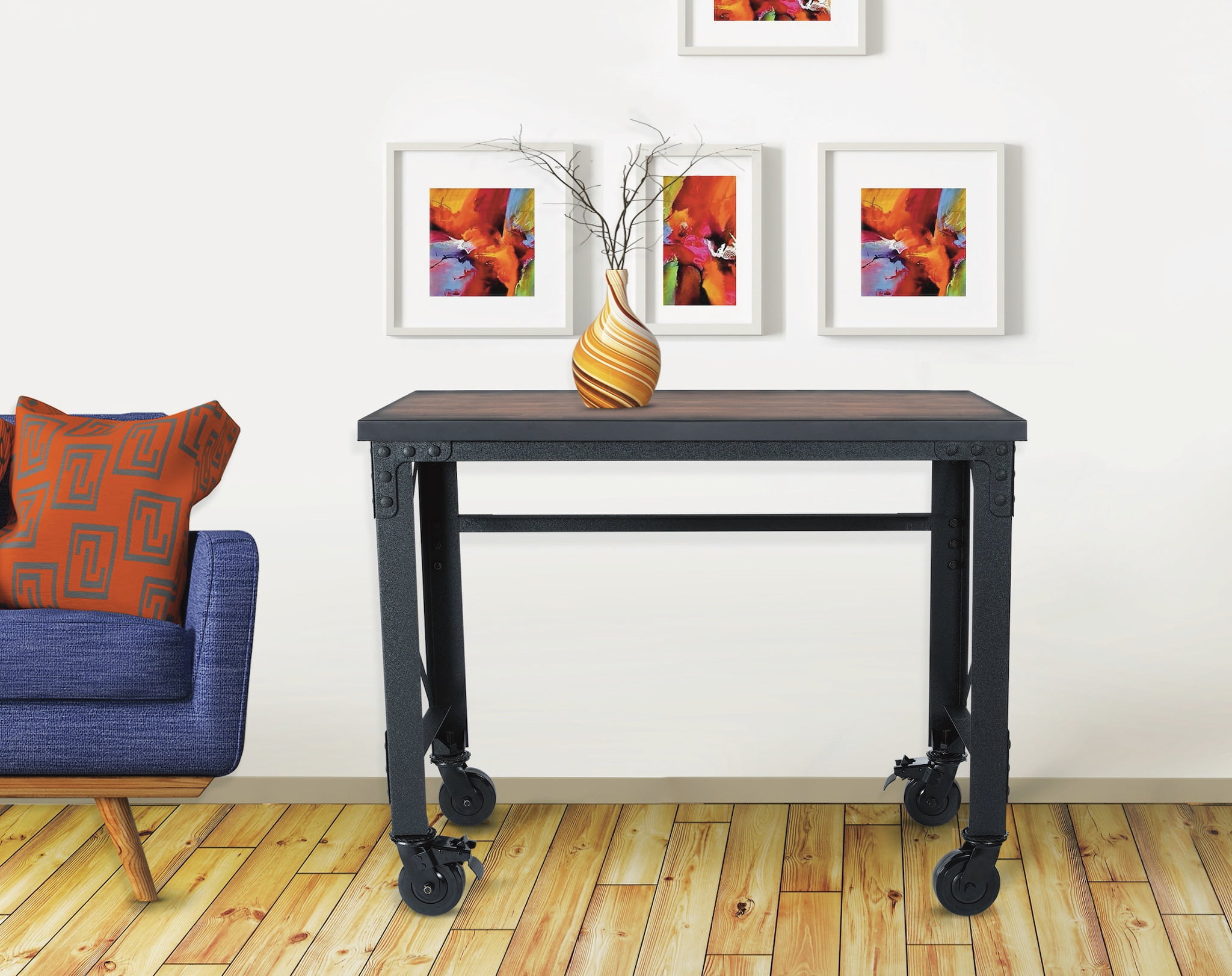 Duramax Rolling Industrial Desk with Wooden Top 46 inches x 24 inches