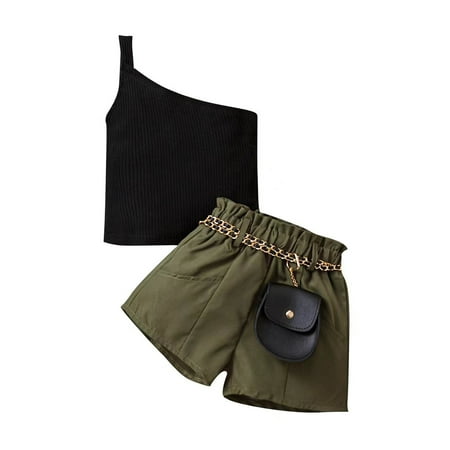 

Qtinghua Toddler Baby Girls Clothes One Shoulder Vest Tops Elastic Waist Shorts Fanny Pack Summer Outfits