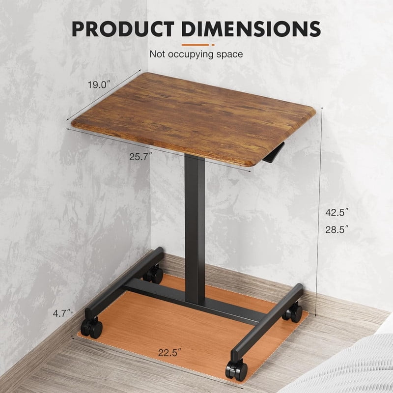 Kelno Small Mobile Desk Adjustable Height Laptop Desk with Lockable Wheels, Rustic Brown