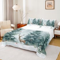 Manfei Jungle Reindeer Animal Twin Sheet Sets, Christmas Tree Plant Twin Fitted Sheet, Winter Snowflake Flat Sheet, Super Cozy Room Decor, 3-Piece