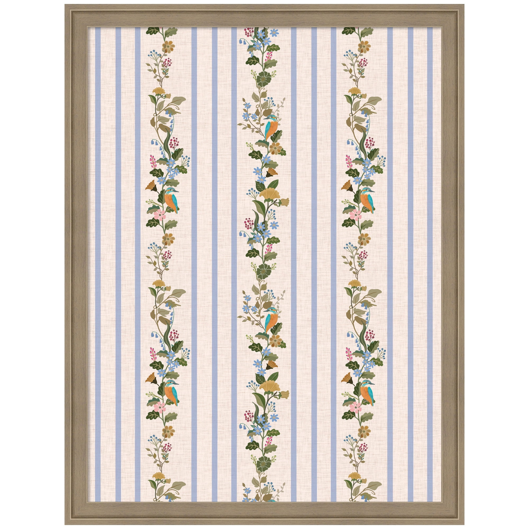 Kate and Laurel Framed Fabric Pinboard 20 x 26, MC Striped Botanical Birds Singing Printed Linen Casual Transitional Bulletin Board for Use as a Vision Board or Wall Org, Florence Light Brown
