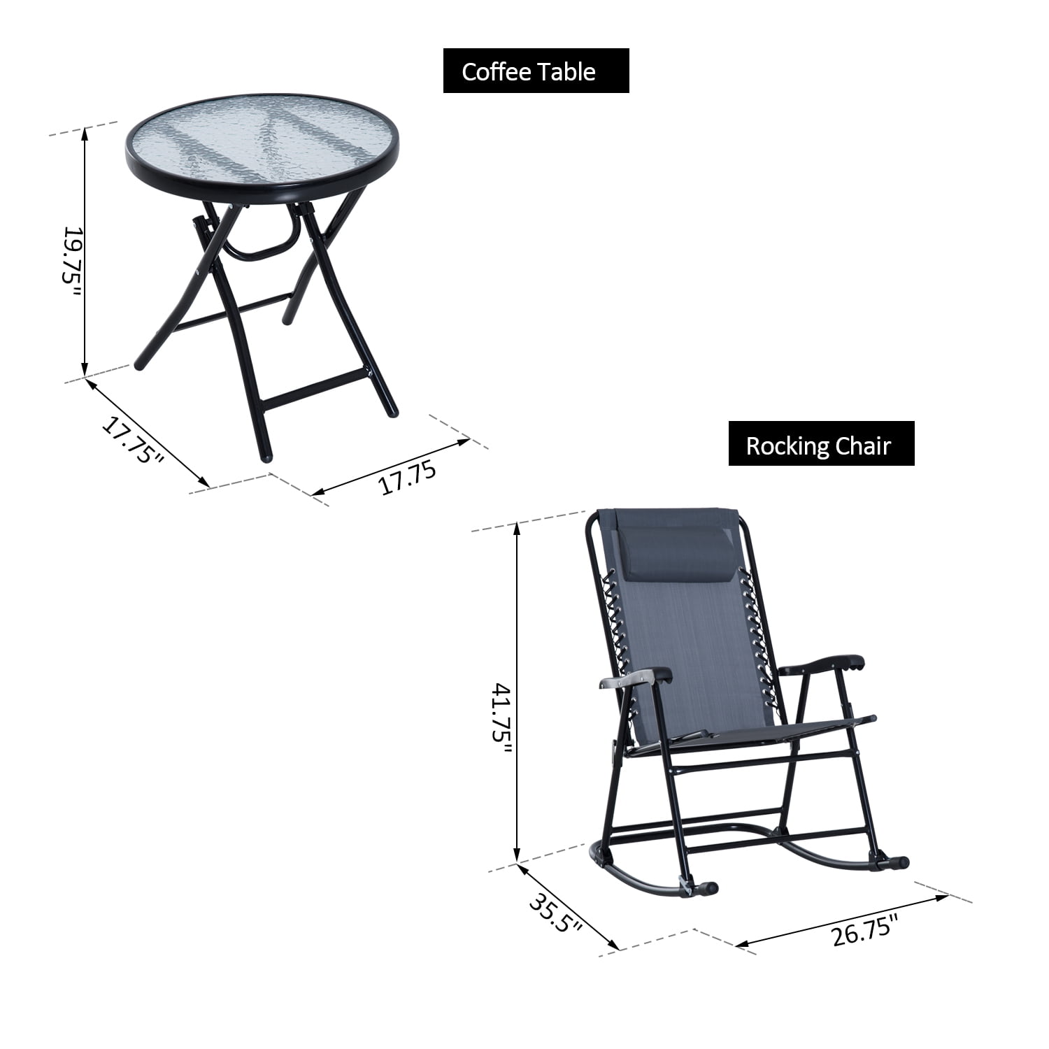 Outsunny 3 Piece Outdoor Rocking Bistro Set, Patio Folding Chair Table Set with Glass Coffee Table for Yard, Patio, Deck, Backyard, Gray