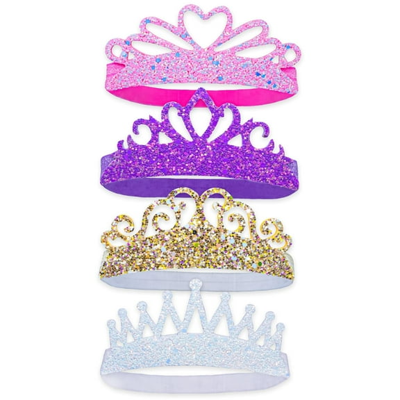 4 Glitter Tiara Headbands for Girls, Elastic Princess Crown Hair Bands Toddlers
