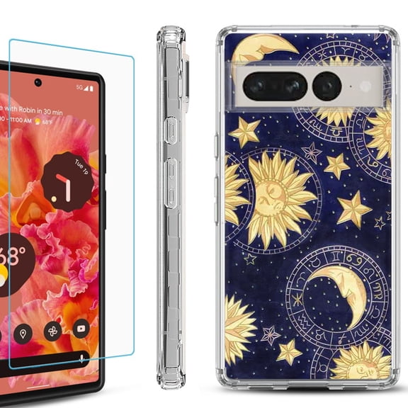 Shockproof Bumper Phone Case for Google Pixel 7 Pro, with Tempered Glass Screen Protector, by OneToughShield ® - Moon Sun Star