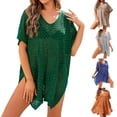 thumbnail image 2 of Xuhomer Summer Cover Ups for Women Hollow Short Sleeve V-Neck Crochet Beach Cover Up Bikini Swimsuits Bathing Suits Flowy Sunscreen Cover Swimsuit Cover-up Dress Blue Free Size, 2 of 9