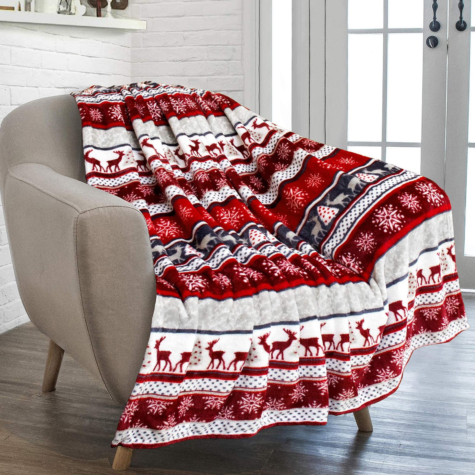 Couverture Sherpa Flocons De Neige 180x200 Cm - Double Face Jacquard/Polaire - Chaude, Douce, Pour Canapé Ou Lit