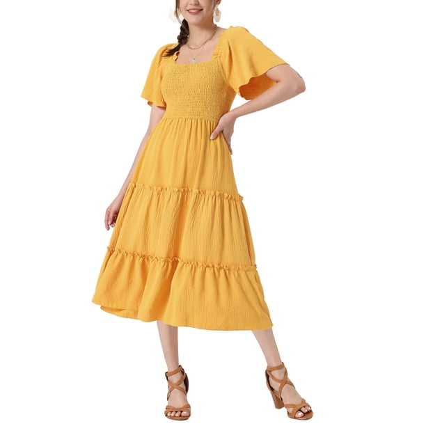 Vestido midi bohemio INSPIRE CHIC para mujeres con escote cuadrado, mangas cortas, vestido de capas fluido y fruncido, amarillo XL