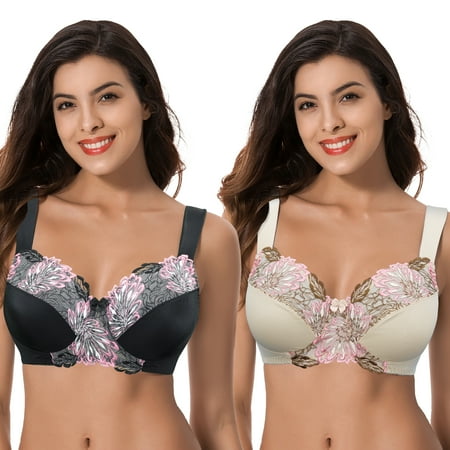 

Curve Muse Women s Plus Size Minimizer Wireless Unlined Bra with Embroidery Lace-2Pack-BLACK NUDE-42C