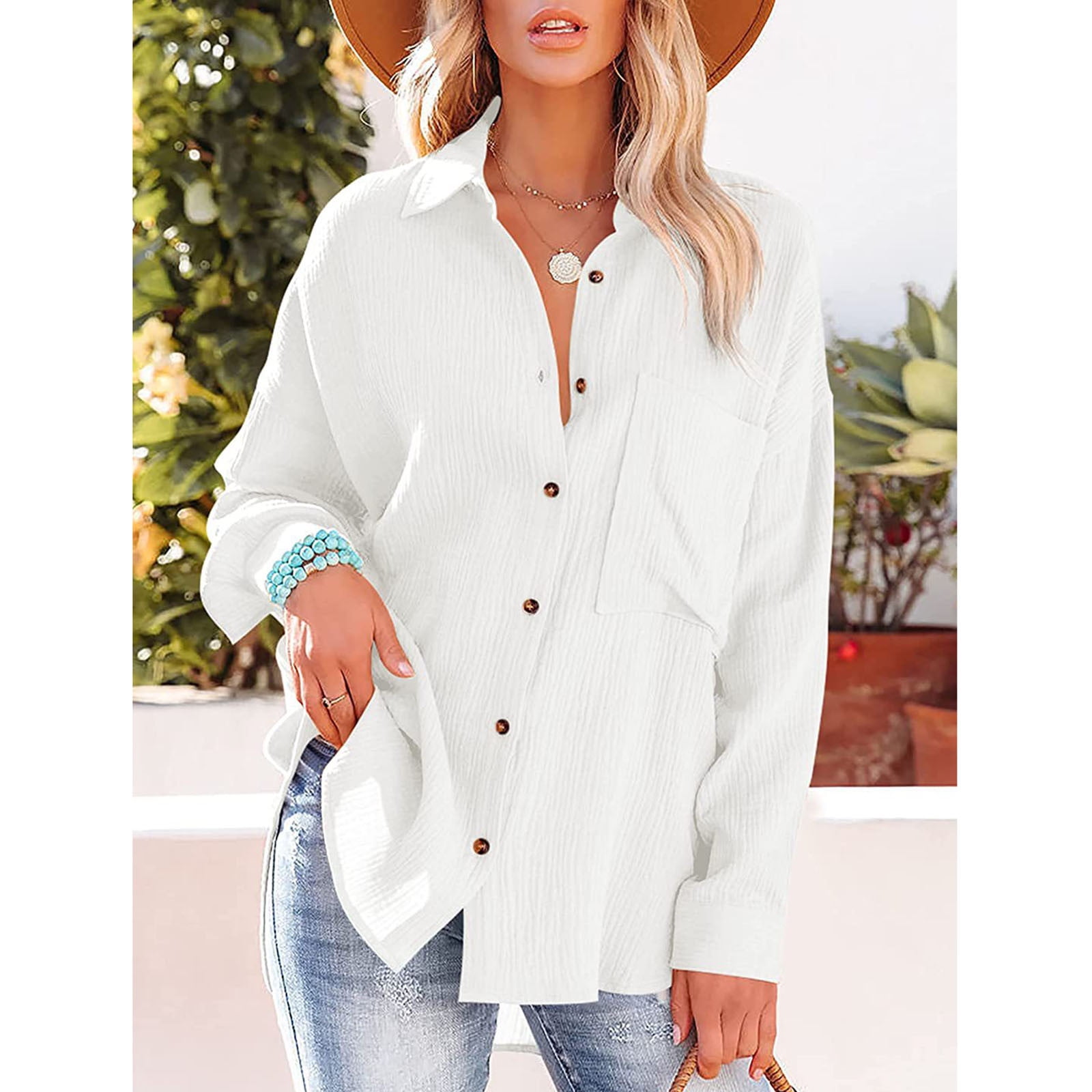 RYRJJ Womens Cotton Button Down Shirt Oversized Casual Long Sleeve Loose  Fit Collared Linen Work Blouse Tops with Pocket(White,S)