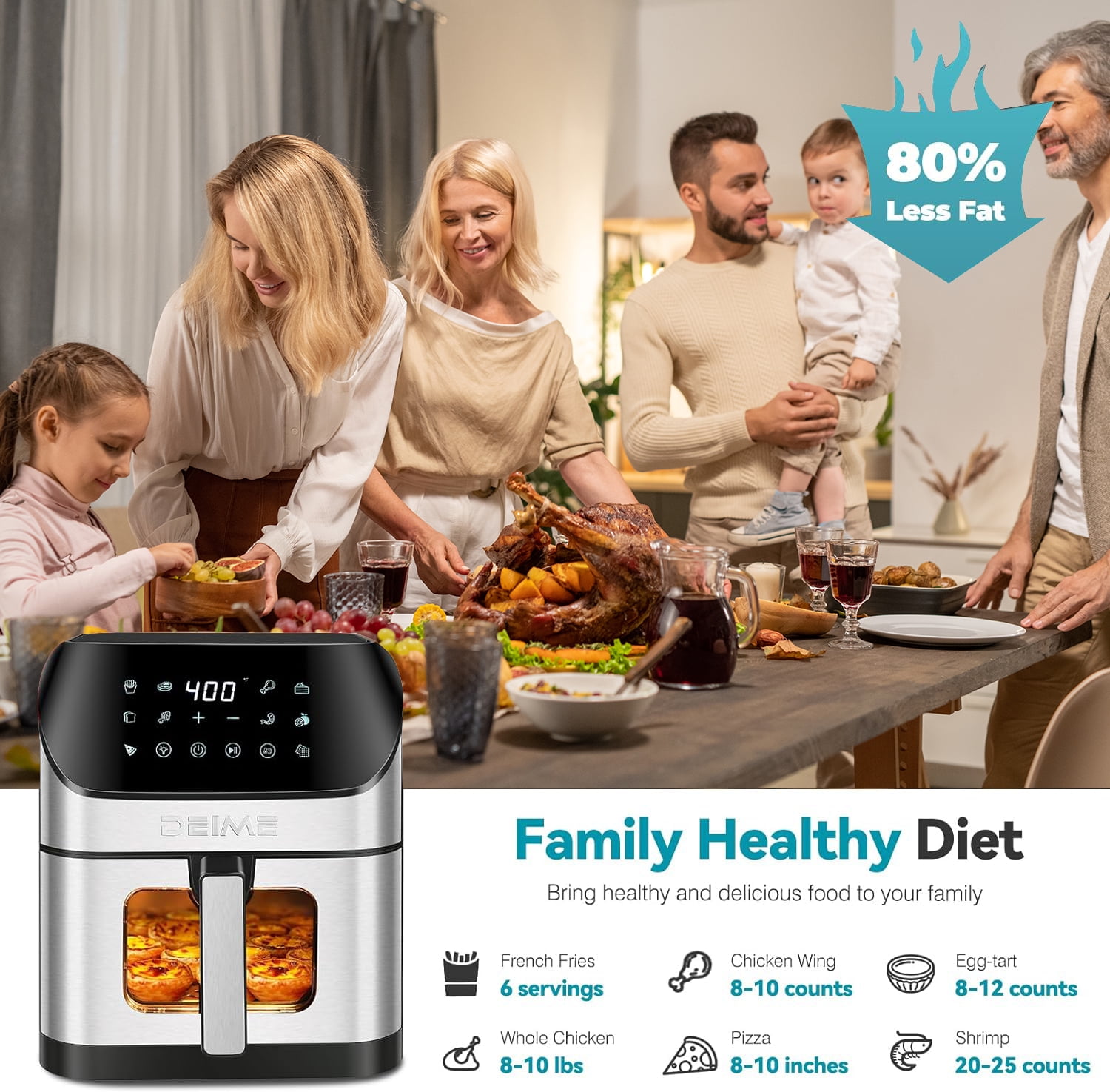 DEIME Air Fryer 6.2 QT Oilless 1500W Large Capacity Oven 12 Functions Air Fryers Healthy Cooker with(图2)