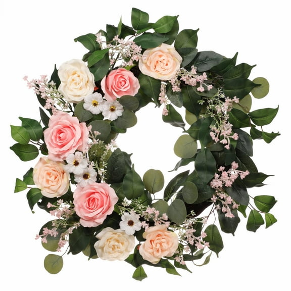 Puleo International 24" Artificial Rose,Camellia,babysbreath Floral Spring Wreath