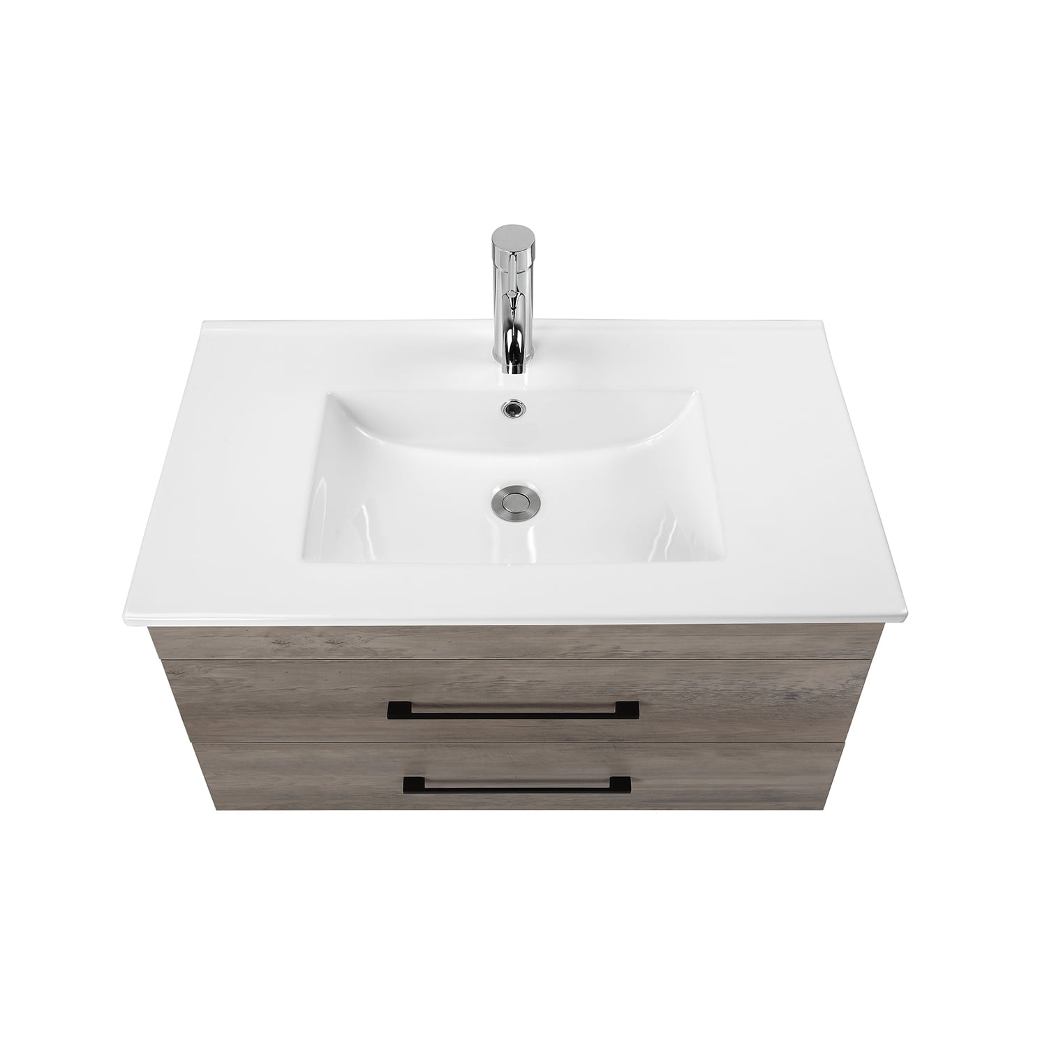Demi Bonn 32" Wood Grain Wall-Mounted Bathroom Vanity with Ceramic Sink, 2 Soft-Close Drawers and Aluminum Frame Mirror, Faucets and Drains Not Included, Gray
