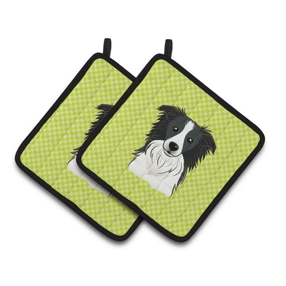 Carolines Treasures BB1303PTHD Checkerboard Lime Green Border Collie Pair of Pot Holders , 7.5HX7.5W, multicolor