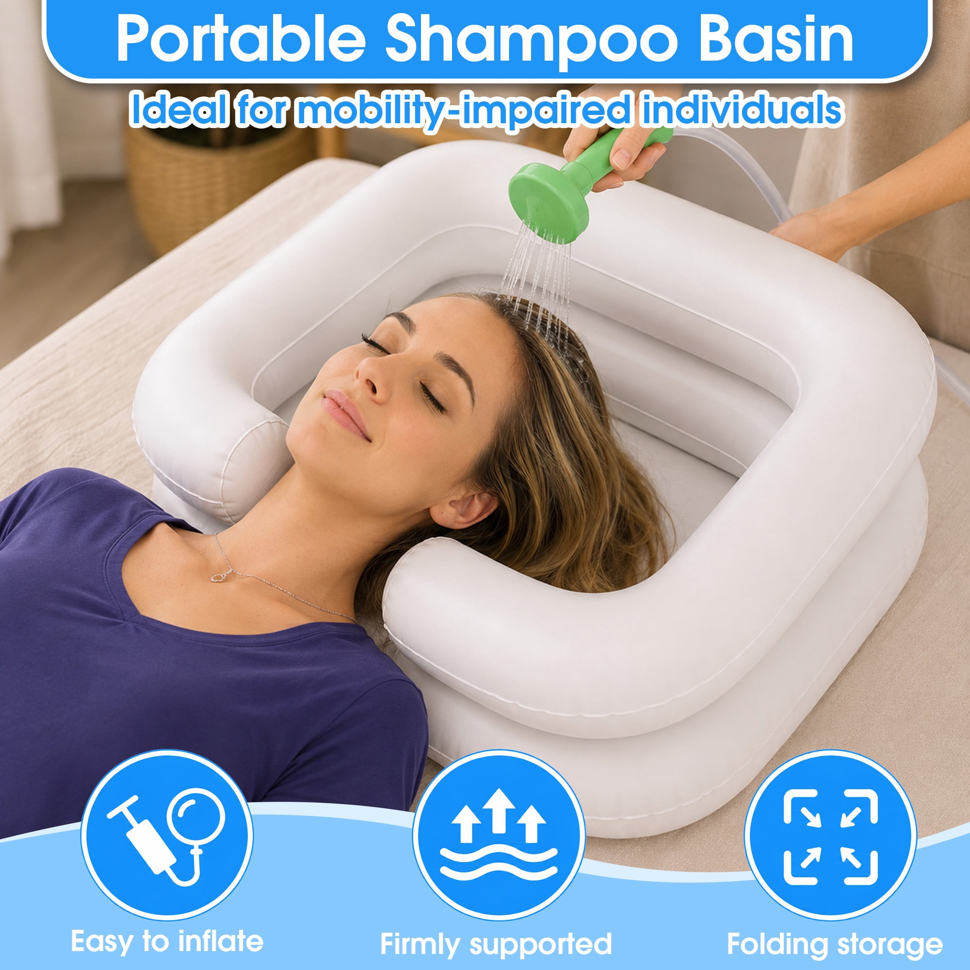 Inflatable Shampoo Basin, Bed Side Hair Washing Basin Kit with Water Bag, Air Pump & Drainage Tube, Portable Inflatable Hair Wash Tub for Elderly, Disabled, Pregnant Women