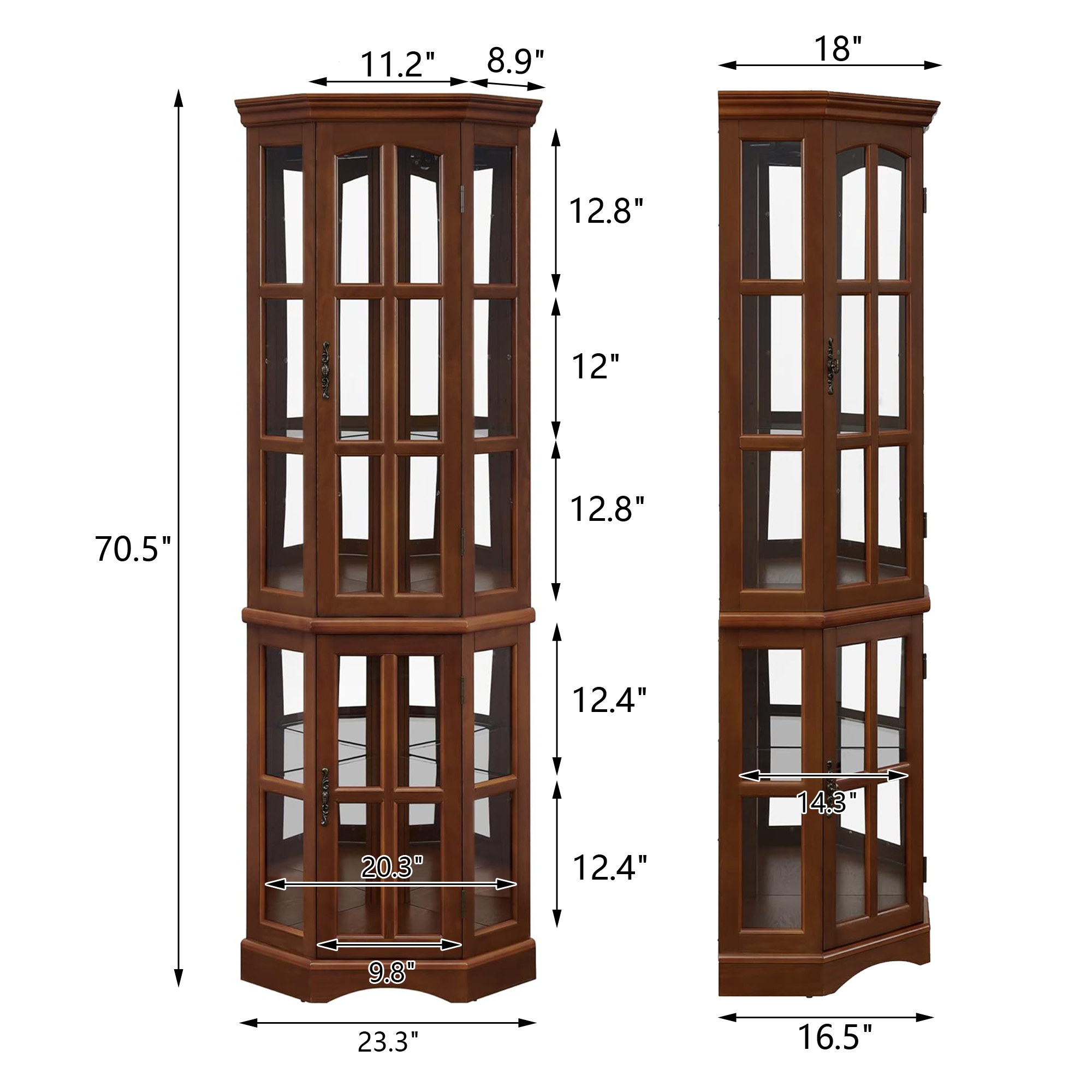 Miniyam 5 Shelf Corner Curio Display Cabinet with Lights,China Display Cabinet with Glass Doors,Lighted Display Cabinet,Walnut(E26 light bulb not included)