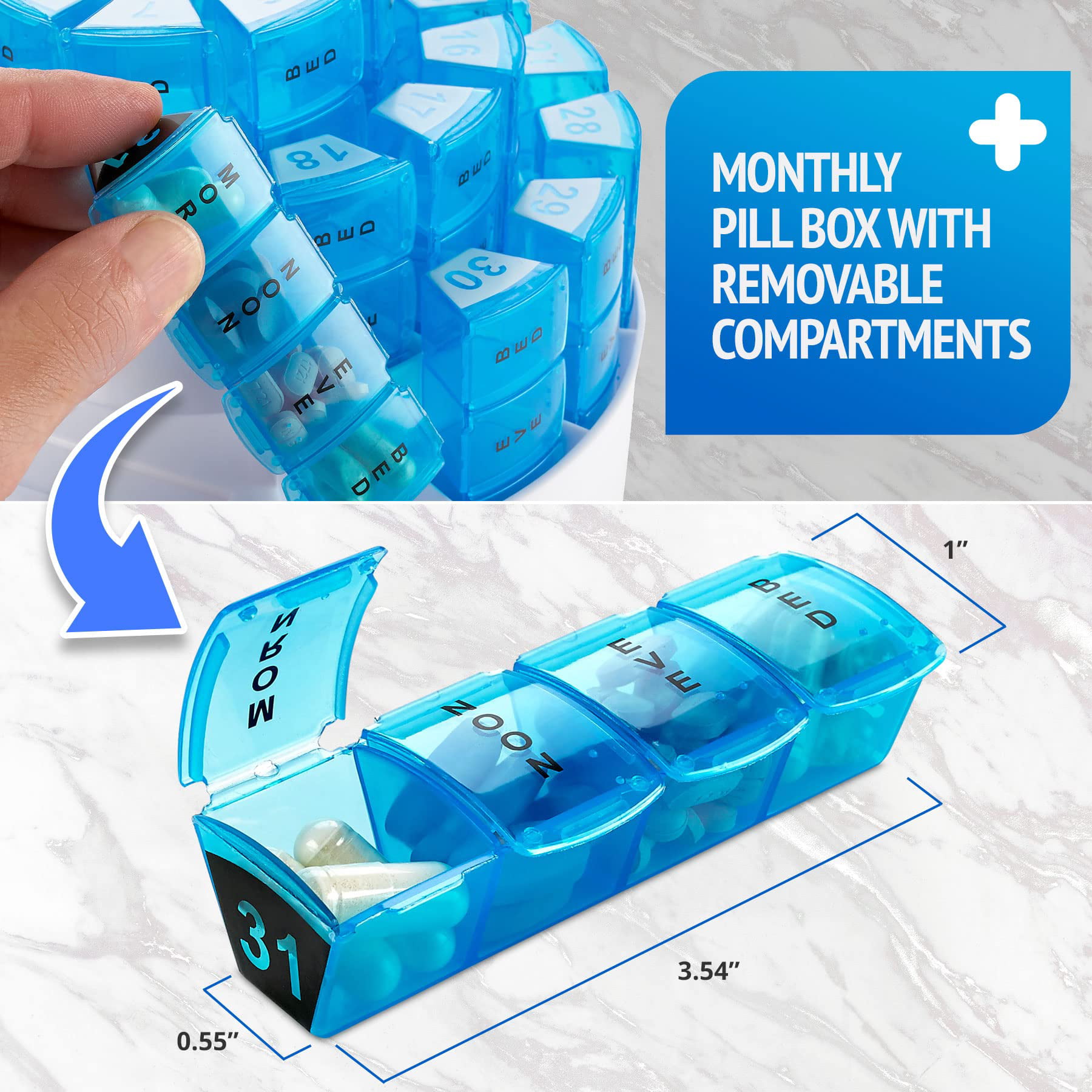Monthly Pill Bottle Organizer Caddy - 31 Numbered Full-Size Pill Bottles w  Child-Proof Lids for Each Day of The Month- Clear Rack and Easy to Use for