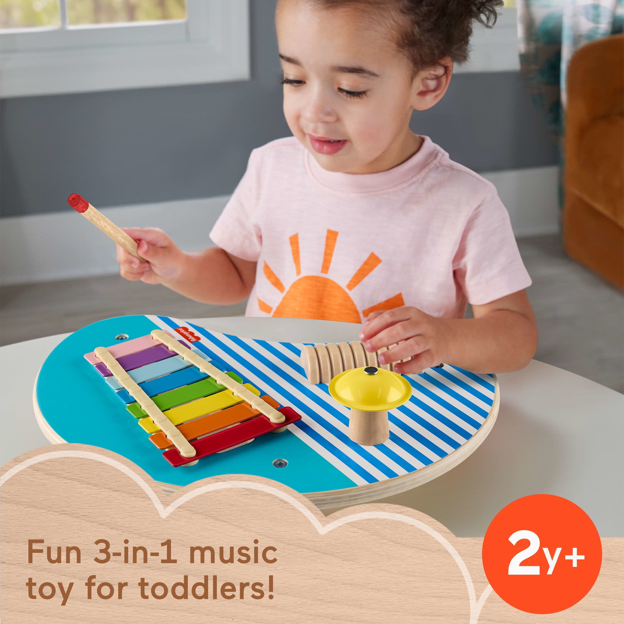 Fisher-Price Wooden Toy Musical Table with Percussion Instruments for Toddler Role Play, 3 Wood Pieces