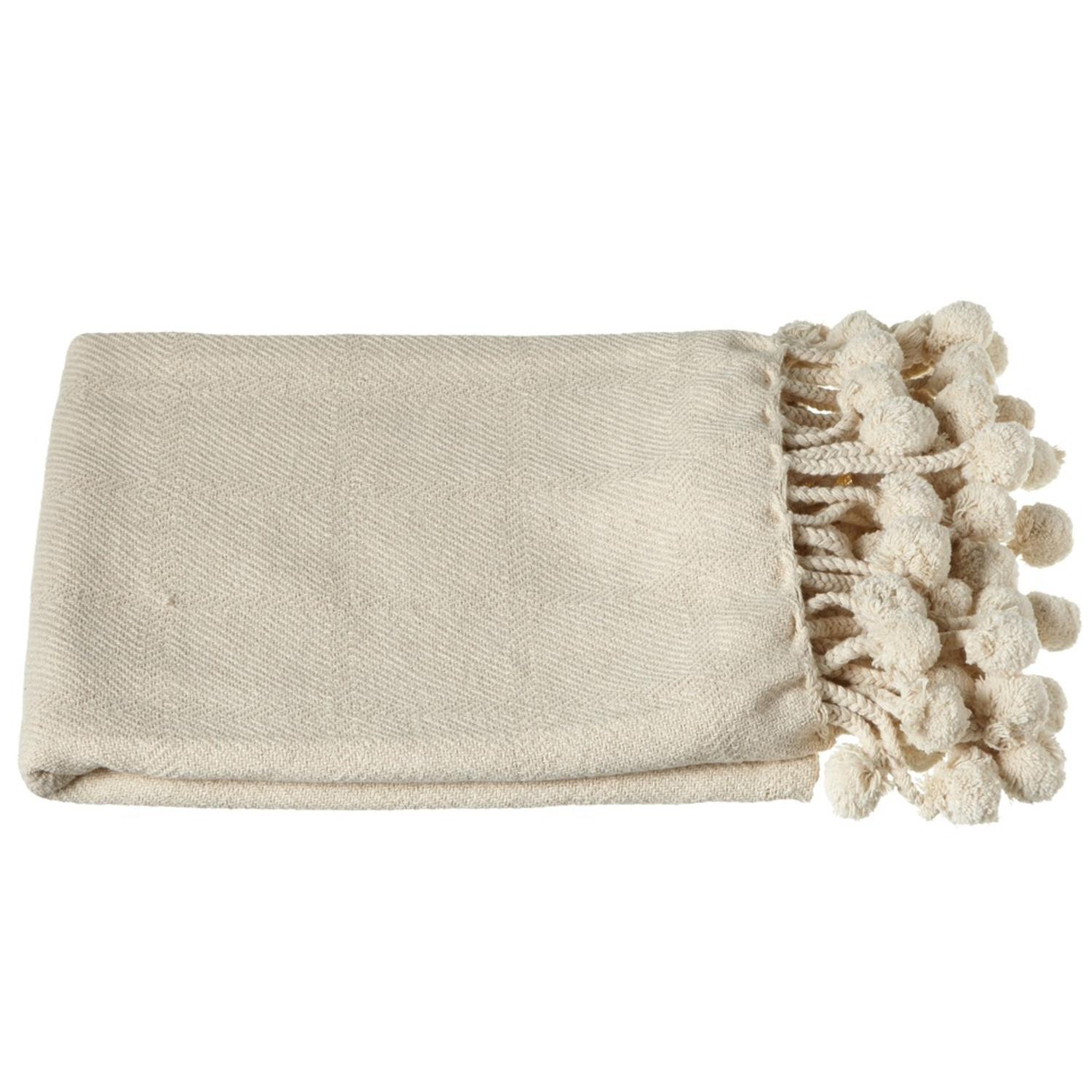 Set of 2 Solid Cream Throw Blankets with PomPom Fringe Border 50" x 60