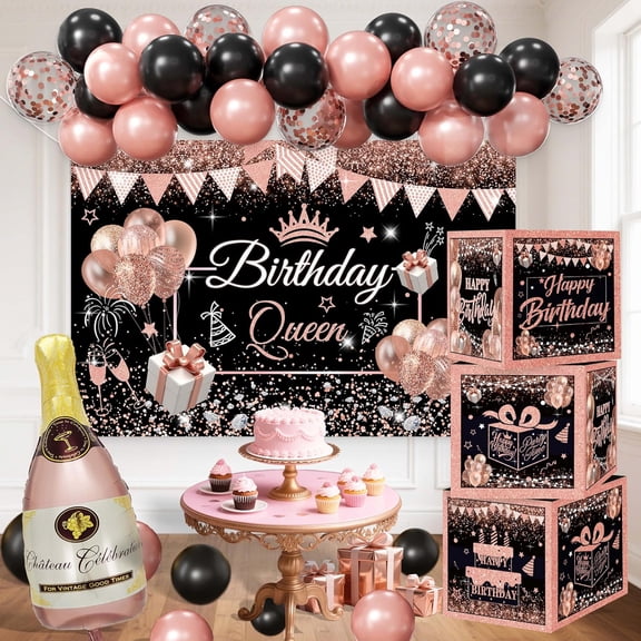 Happy Birthday Party Decorations for Women,Black PInk Balloons,Birthday Box Decor,Backdrop,Beers Foil Balloon