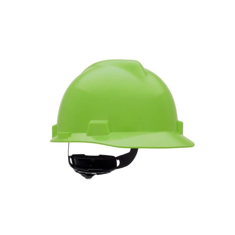 MSA 815565 V-Gard Cap Style Safety Hard Hat With Fas-Trac III Ratchet Suspension  Polyethylene Shell, Superior Impact Protection, Self Adjusting Crown Straps - Standard Size in Bright Lime Green