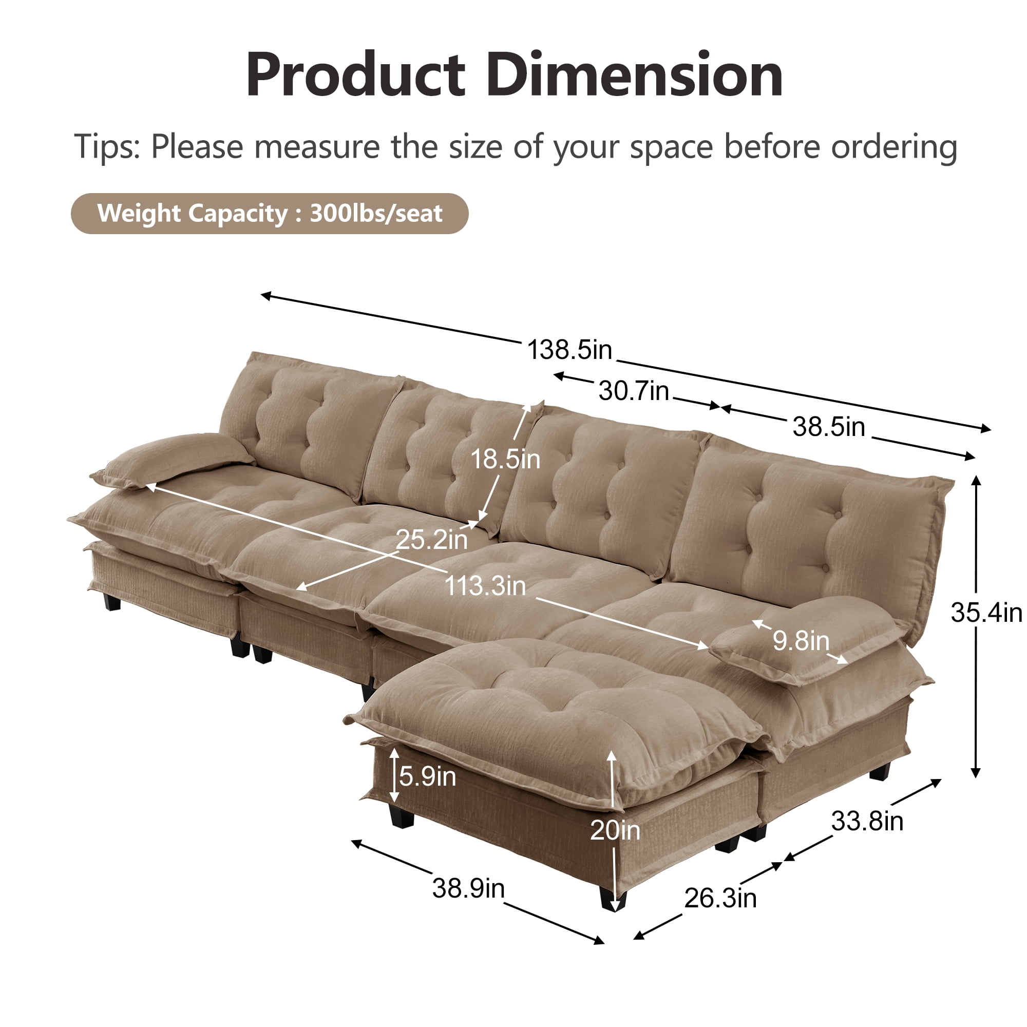 AISWORD 138" L-Shaped Modular Sectional Cloud Sofa with Ottoman, Chenille Fabric Deep Seat Couch with Lattice Decored Cushions