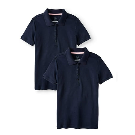 Wonder Nation School Uniform Short Sleeve Interlock Polo, 2-Pack Value Bundle (Little Girls & Big