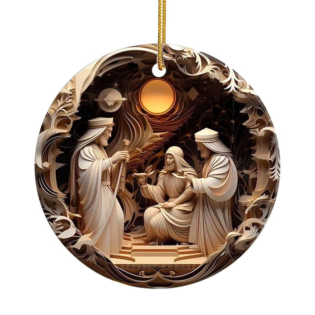 Christmas Tree Ornament Round Ceramic Holiday Decoration with Stained Glass Design and Gold Hanging Ribbon