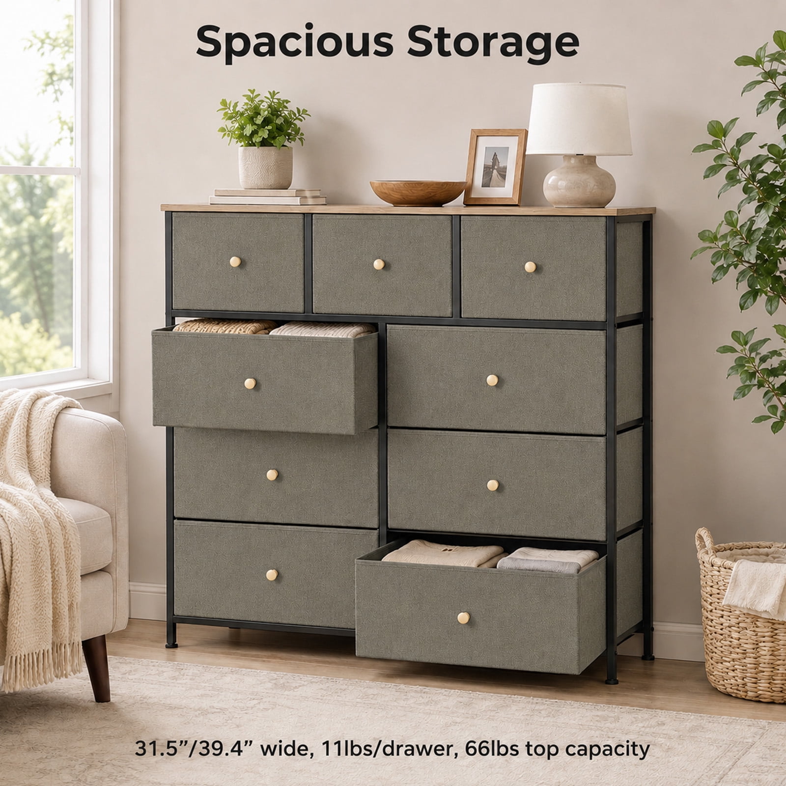 Alvantor 8/9 Drawer Fabric Dresser, Storage Tower for Bedroom and Closet, Chest of Drawers with Sturdy Steel Frame & Wooden Top for Living Room, Entryway