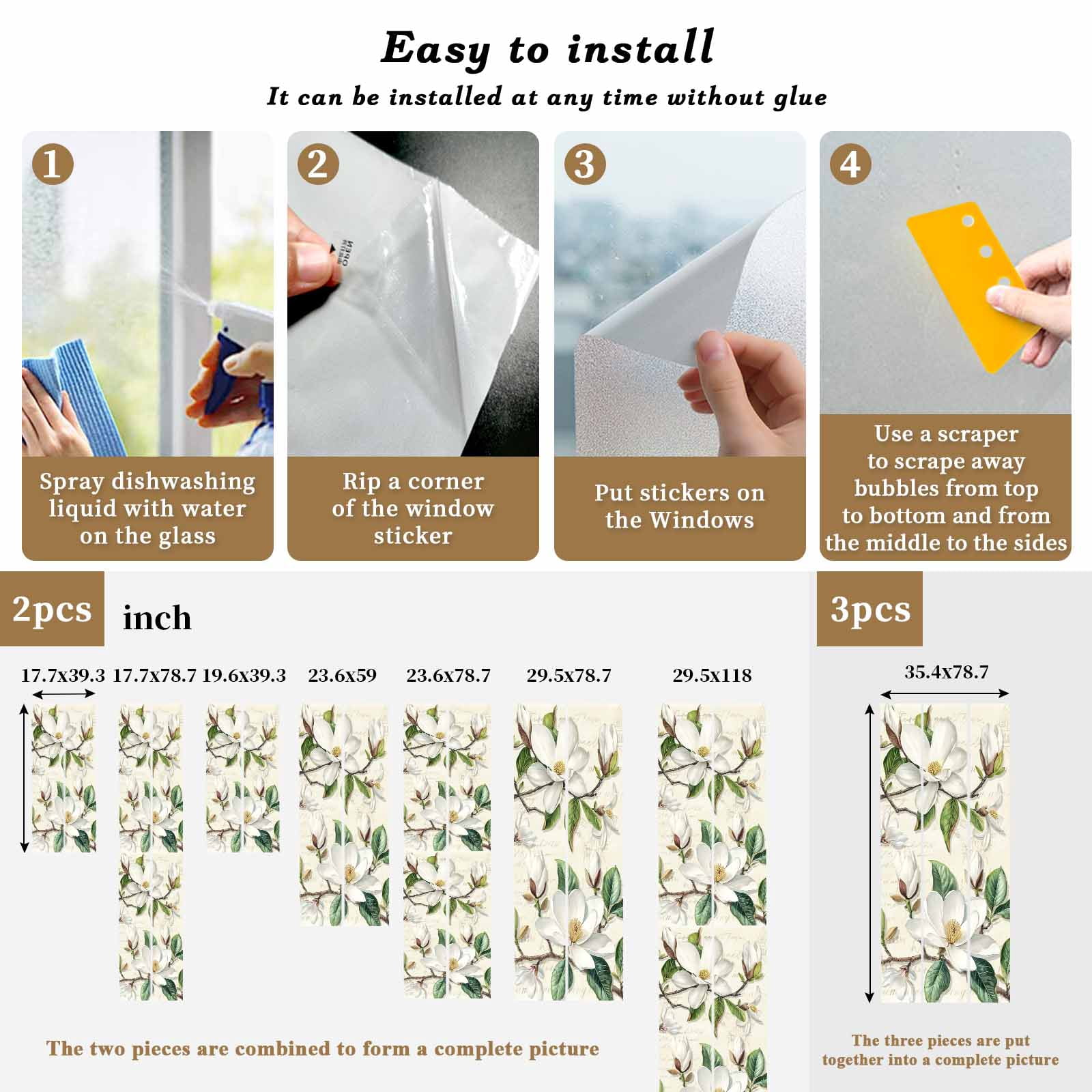 Sun Blocking Glass Window Film, Vintage Floral Spring Window Privacy Film Frosted, Rustic Botanical White Flowers Reusable Windows Privacy Sticker for Home Decor, Nursery, 23.6 x 78.7 Inches