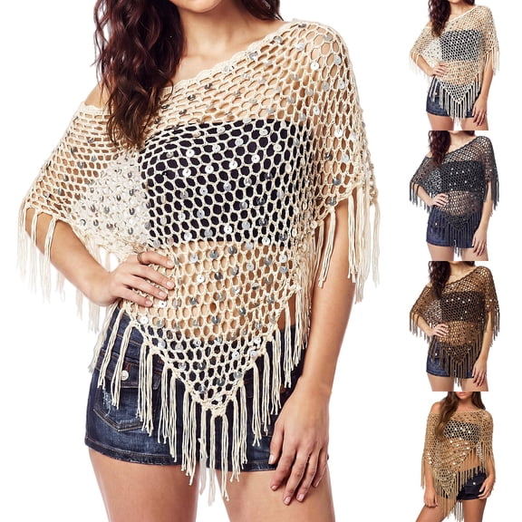 HuangHuanChen Womens Sequin Crochet Poncho Cover Up Fringe Asymmetrical Shawl Summer Beach Vacation Knit Mesh Top One Shoulder Women's Sheer Poncho Shawl Top White One Size