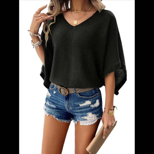 Camisas Holgadas de Punto Gofre con Cuello en V para Mujer, de Corta, Informales, de Verano 2025, Modernas, Lisas, Y2K. Negro S