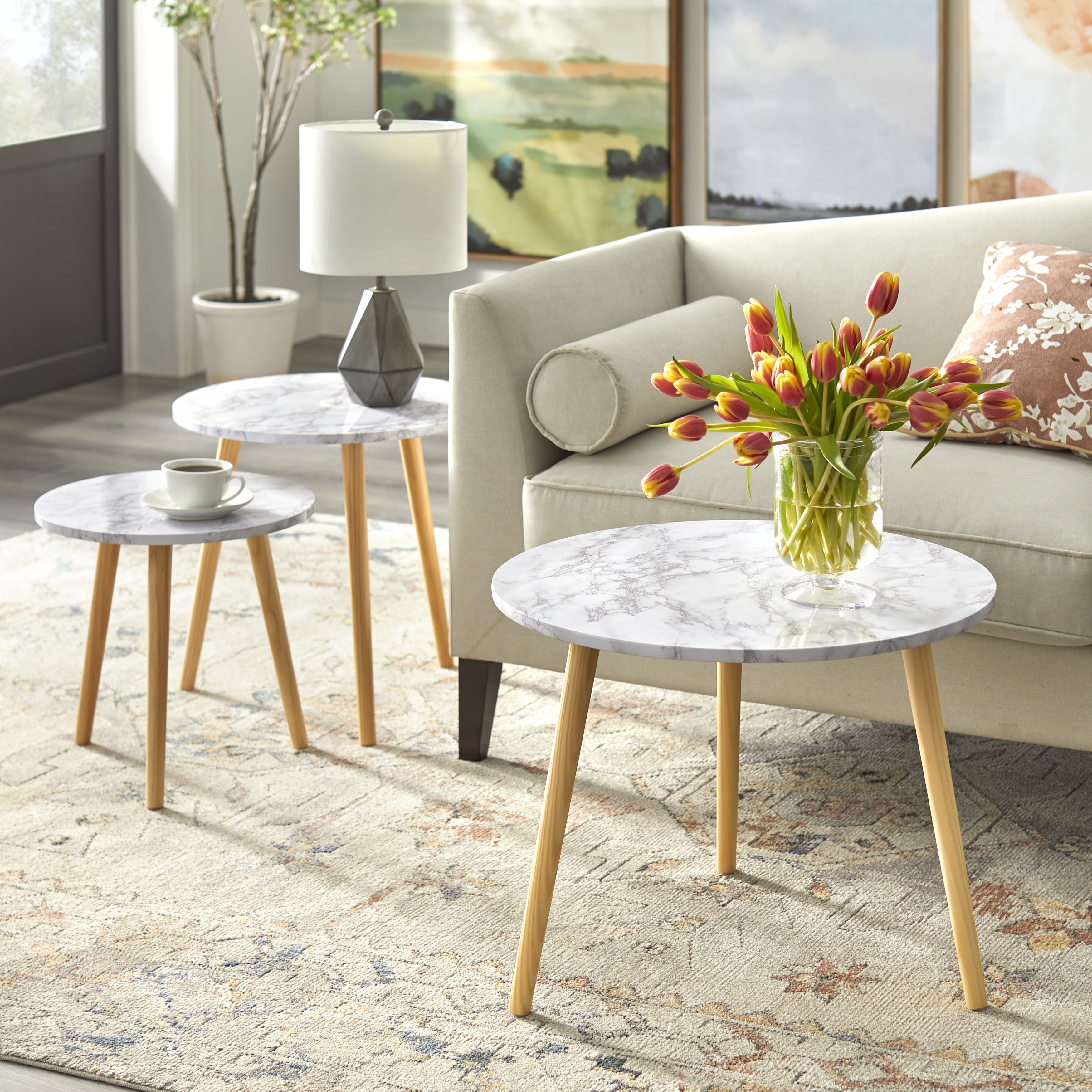 angelo isHome Darcy Modern Round Nesting End Tables, Set of 2, Natural/White Faux Marble