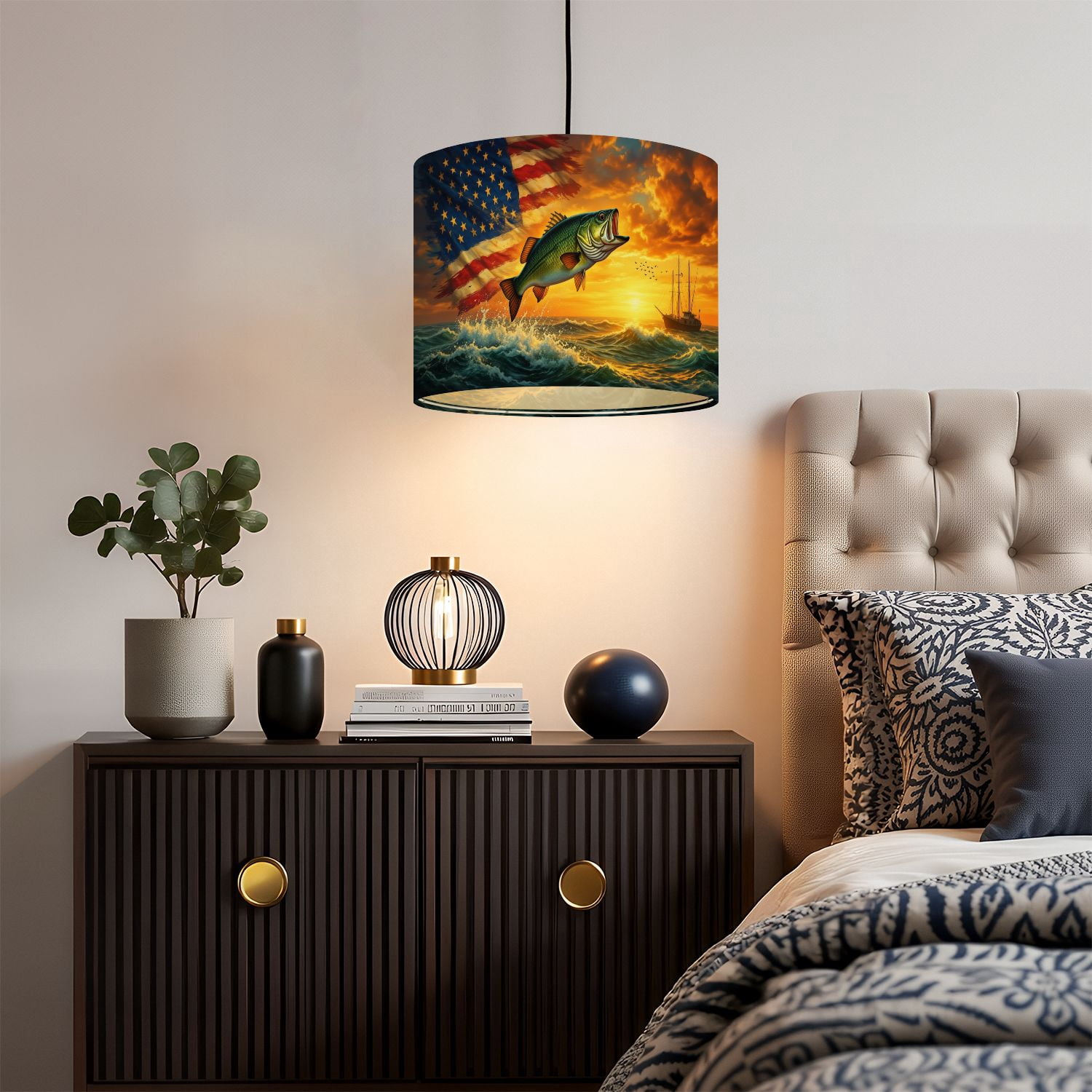 Linen Drum Lamp Shades Bass Fish Leaping Waves American Flag Sunset Independence Day 13" x 13" x 10" Lampshade for Table Lamps Floor Lamps Lamp Shade Replacement Easy Assembly Required