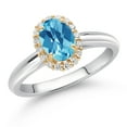 thumbnail image 2 of 925 Sterling Silver and 10k Yellow Gold Swiss Blue Topaz and White Lab Grown Diamond Halo Engagement Ring for Women (1.13 Cttw, Gemstone November Birthstone, Oval Checkerboard 7X5MM, Size 7), 2 of 4