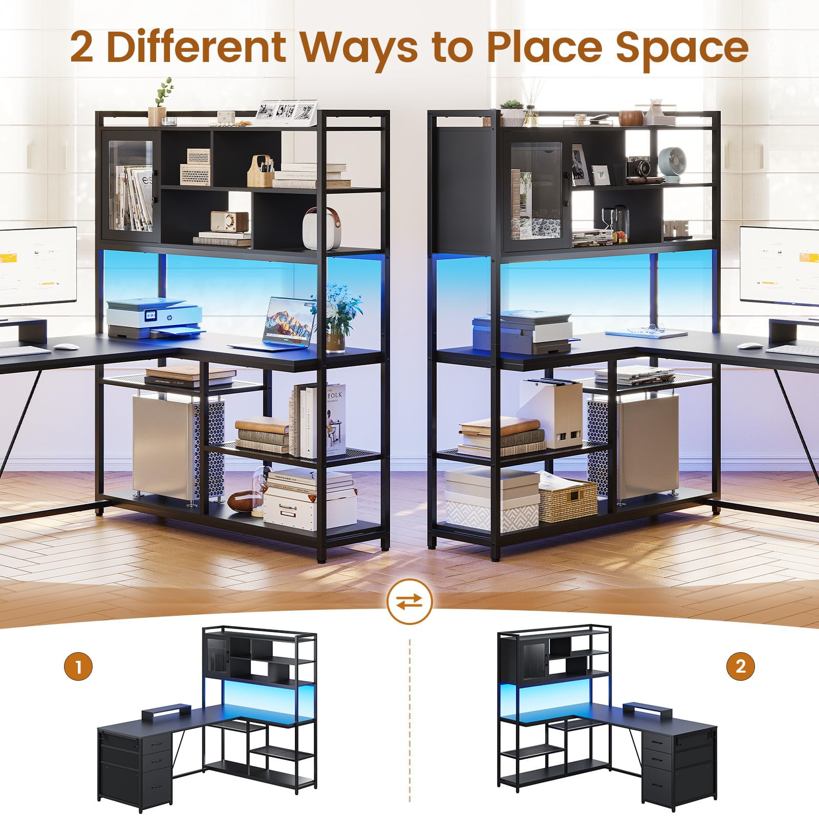 L Shaped Computer Desk with 7-Tier Storage Shelves and Drawers, Reversible Office Desk with Monitor Stand and Hooks, Black