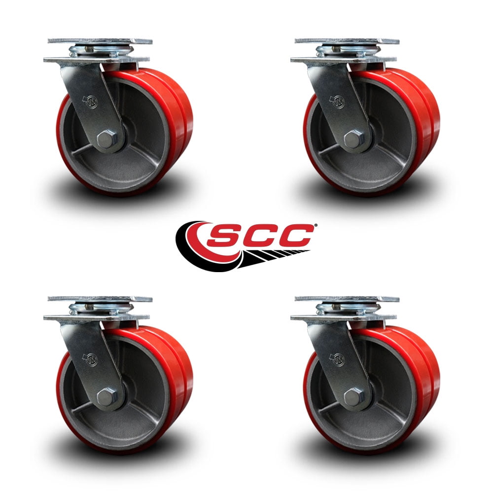 6 Inch Dual Red Poly on Cast Iron Wheels Swivel Caster Set with Ball Bearing SCC