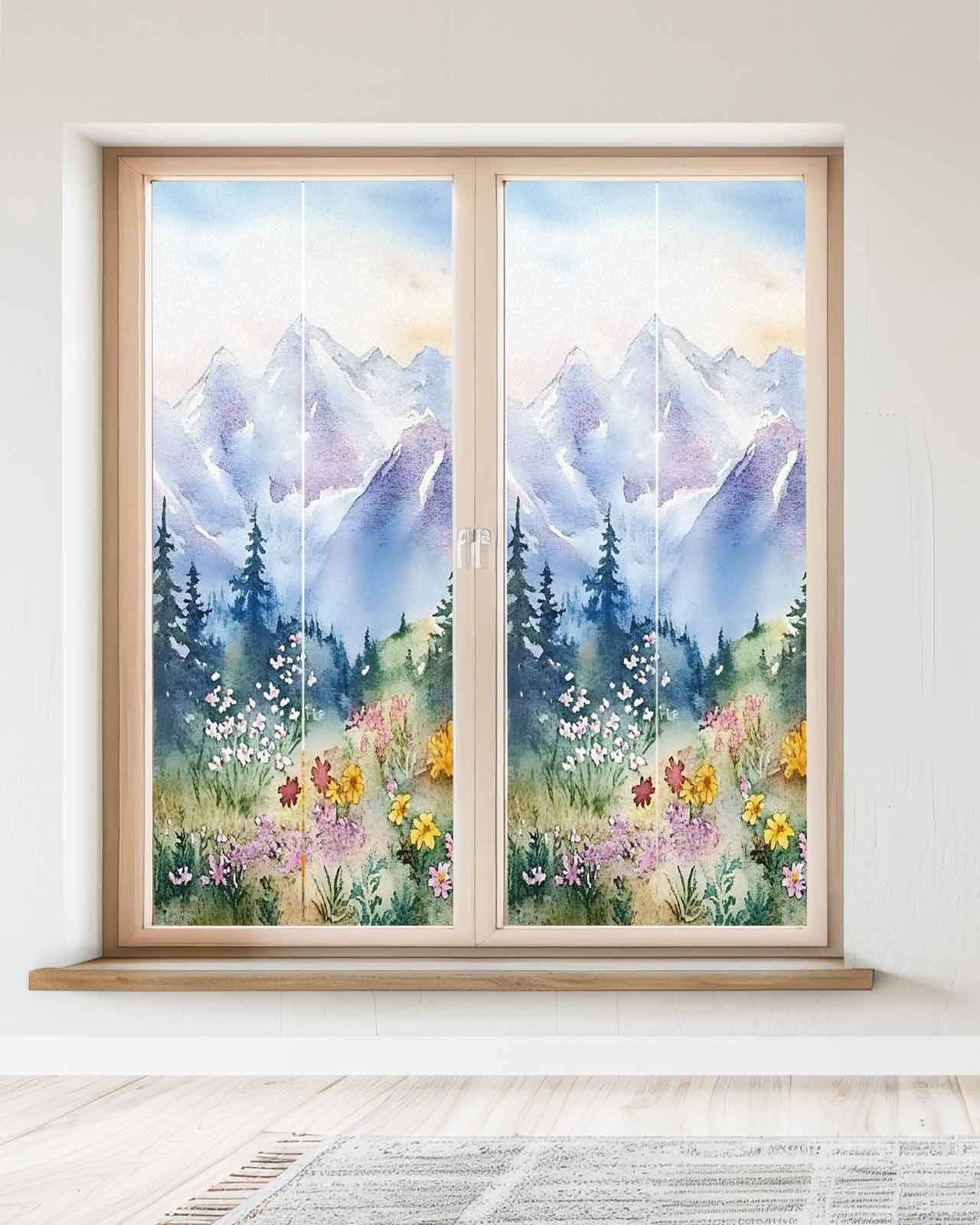 Window Privacy Film Forest Mountains Stained Glass Window Film Decorative Sun Block Window Cover Watercolor Natural Flower Tree Window Clings Static Adhesive Sticker for Bathroom 23.6"x59"